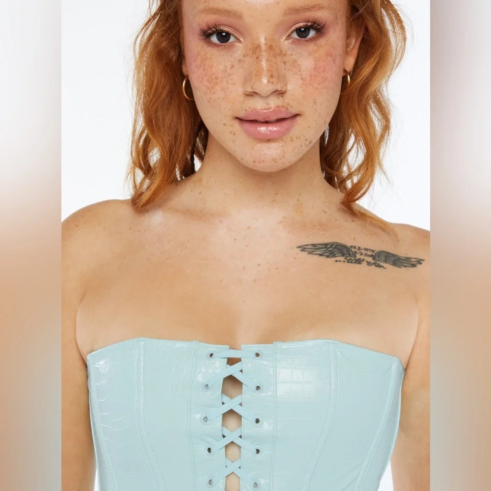 Savage X Fenty Queen of the Galaxy croc embossed corset light blue/mint‎ color